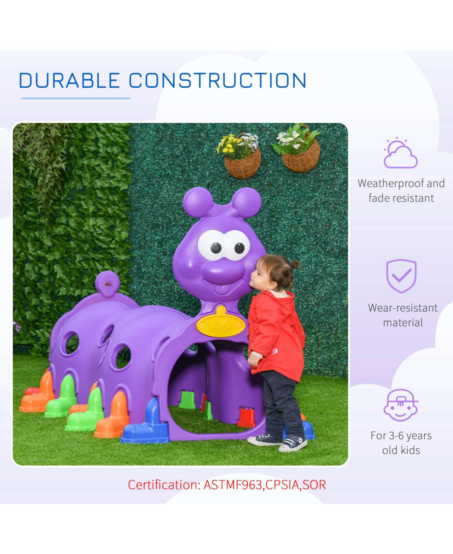 Caterpillar Climbing Tunnel for Kids Climb-N-Crawl Toy Indoor & Outdoor Toddler Play Structure for 3-6 Years Old, Purple