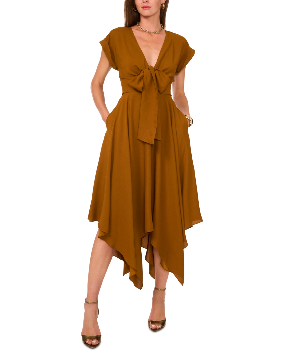 1.STATE WOMEN'S MIDI TIE-FRONT HANDKERCHIEF-HEM DRESS 