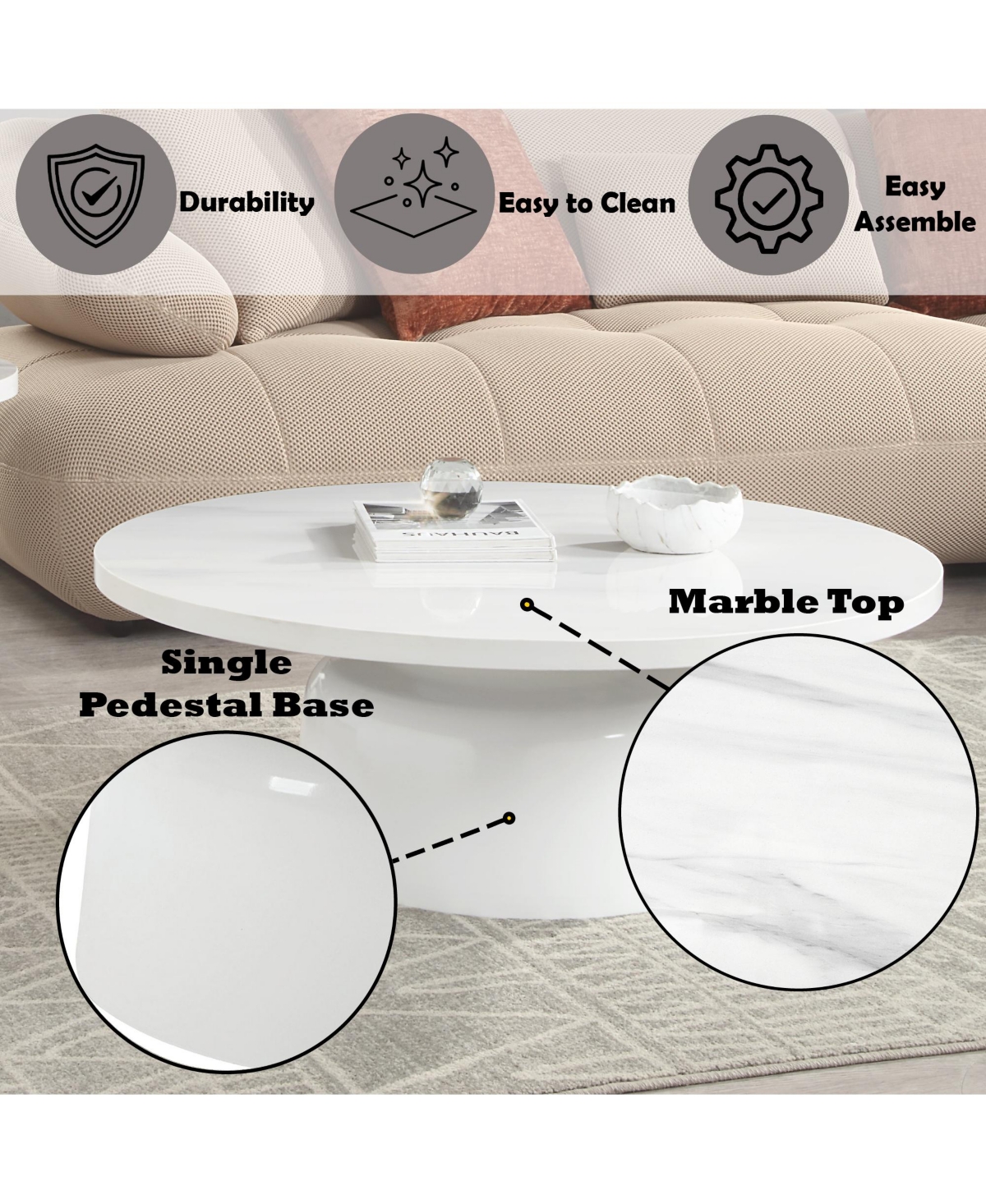 Streamdale Furniture Zaid Coffee Table, Engineering Marble &High Gloss Finish - White