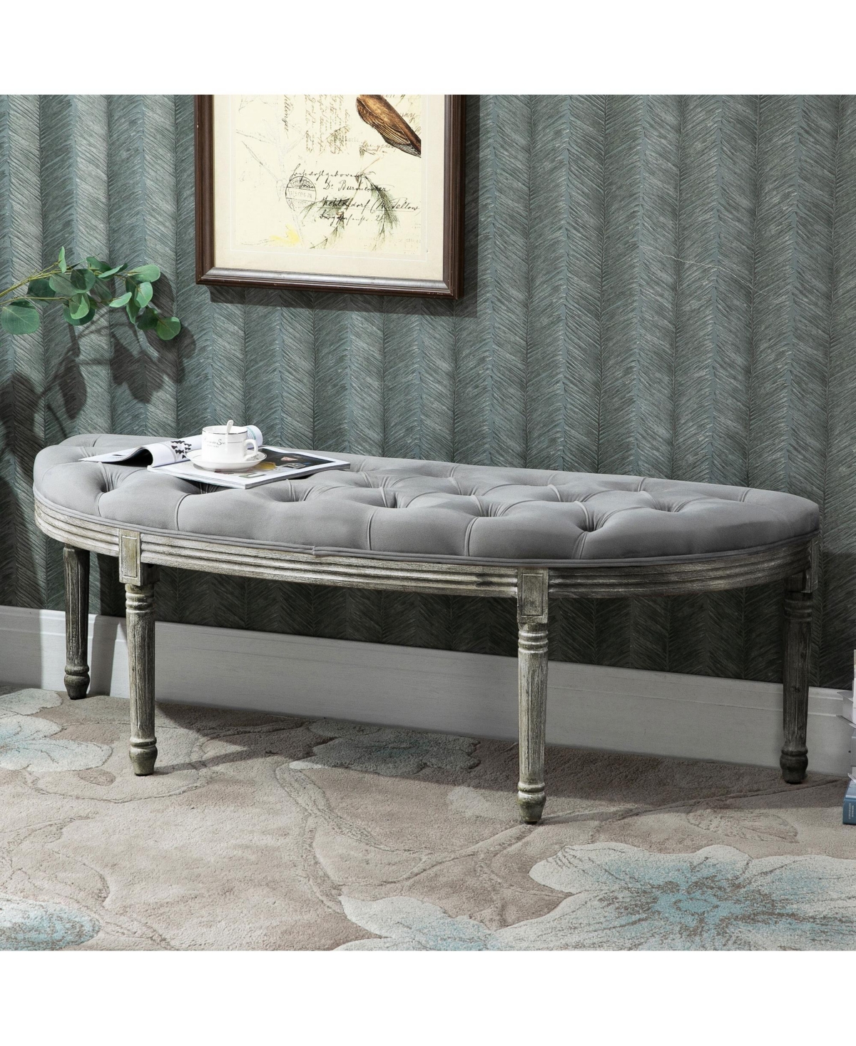 Streamdale Furniture Vintage Semi-Circle End of Bed Bench, Upholstered Bedroom Entryway Bench with Tufted Velvet-Touch Fabric with Rubberwood Legs, Gr