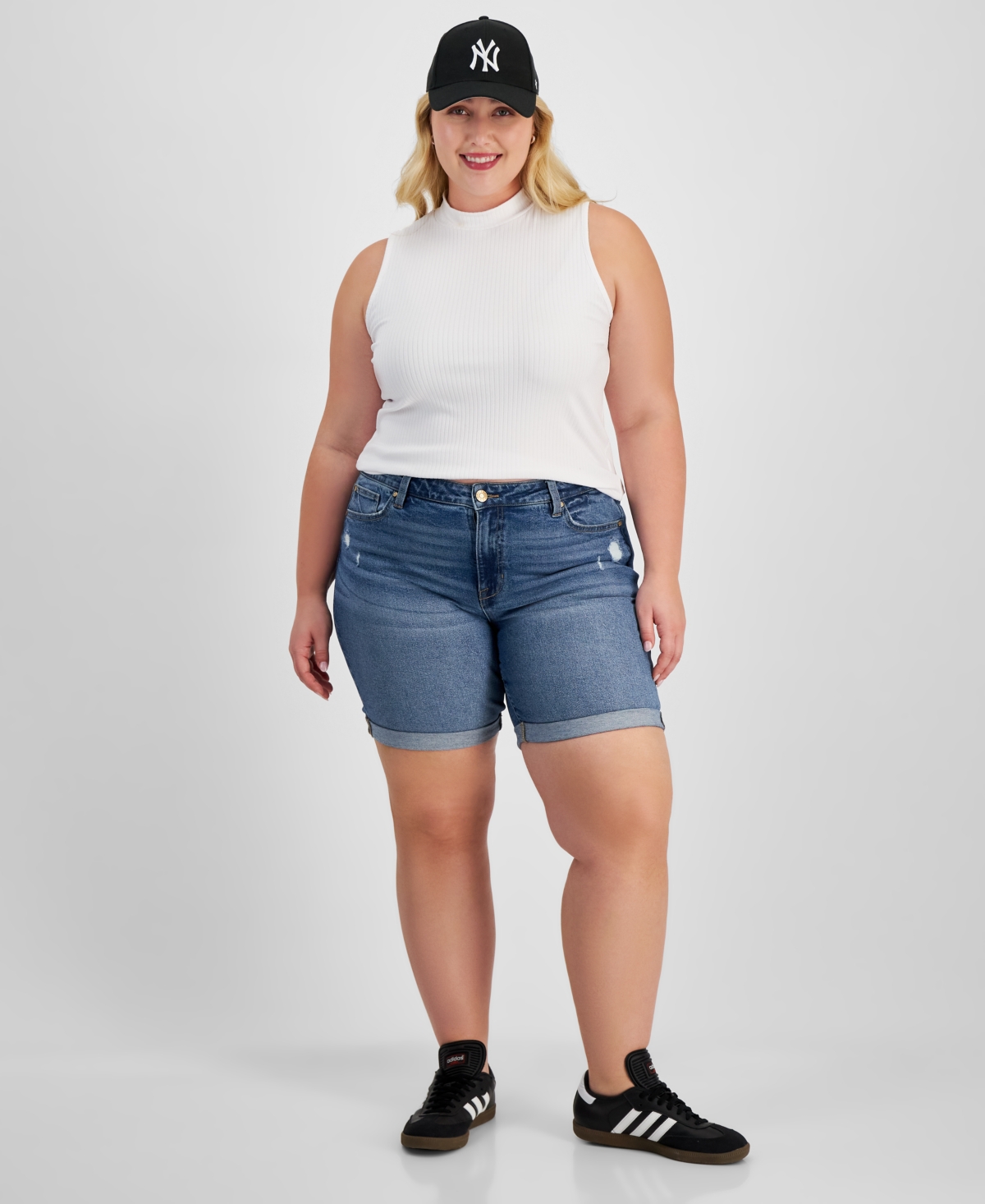 Trendy Plus Size Distressed Rolled-Cuff Denim Shorts - Medium Wash
