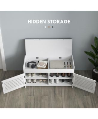 Shoe Bench, Entryway Bench with Shoe Storage, Cushion, Hidden Compartments, Adjustable Shelves and Shutter Doors, 35.4" Shoe Organizer for Entryway, Hallway, Holds Up to 352 lbs., White