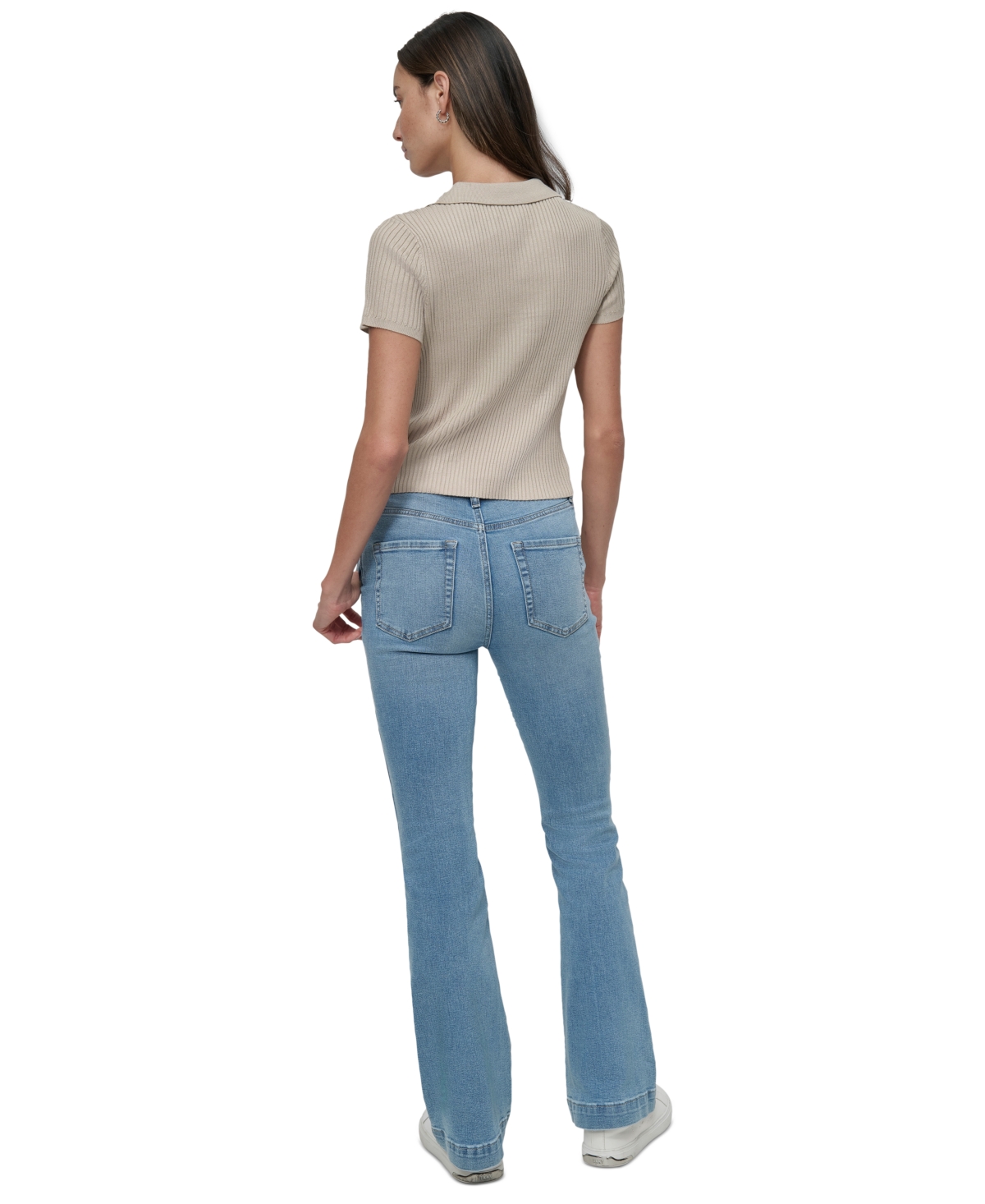 Dkny Jeans Women's Short-Sleeve Ribbed Knit Polo Shirt - PBL - PEBBLE