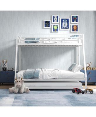 Twin Over Full Metal Slats Bunk Bed Frame with Trundle, Guard Rail & Ladders