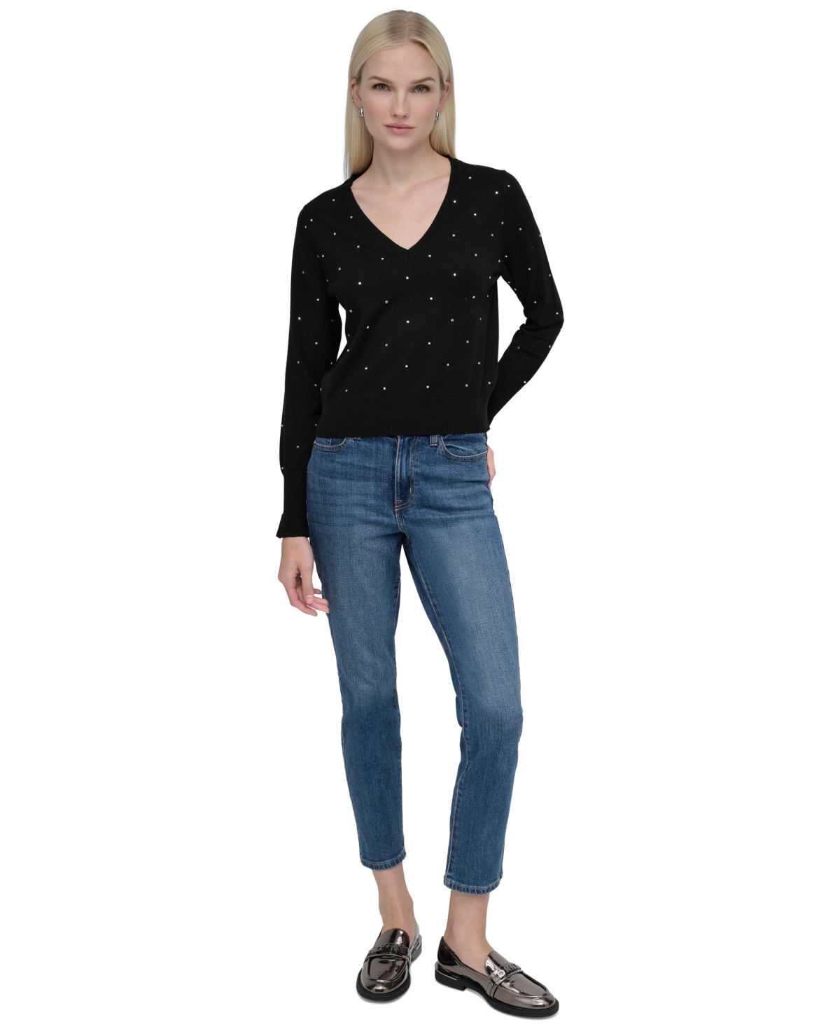 DKNY JEANS WOMEN'S STUDDED V-NECK SWEATER 