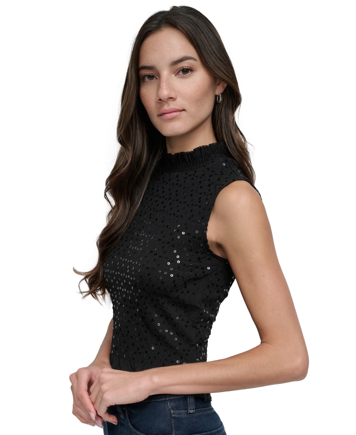 Shop Dkny Jeans Women's Sequin Smocked Sleeveless Top In Blk - Black