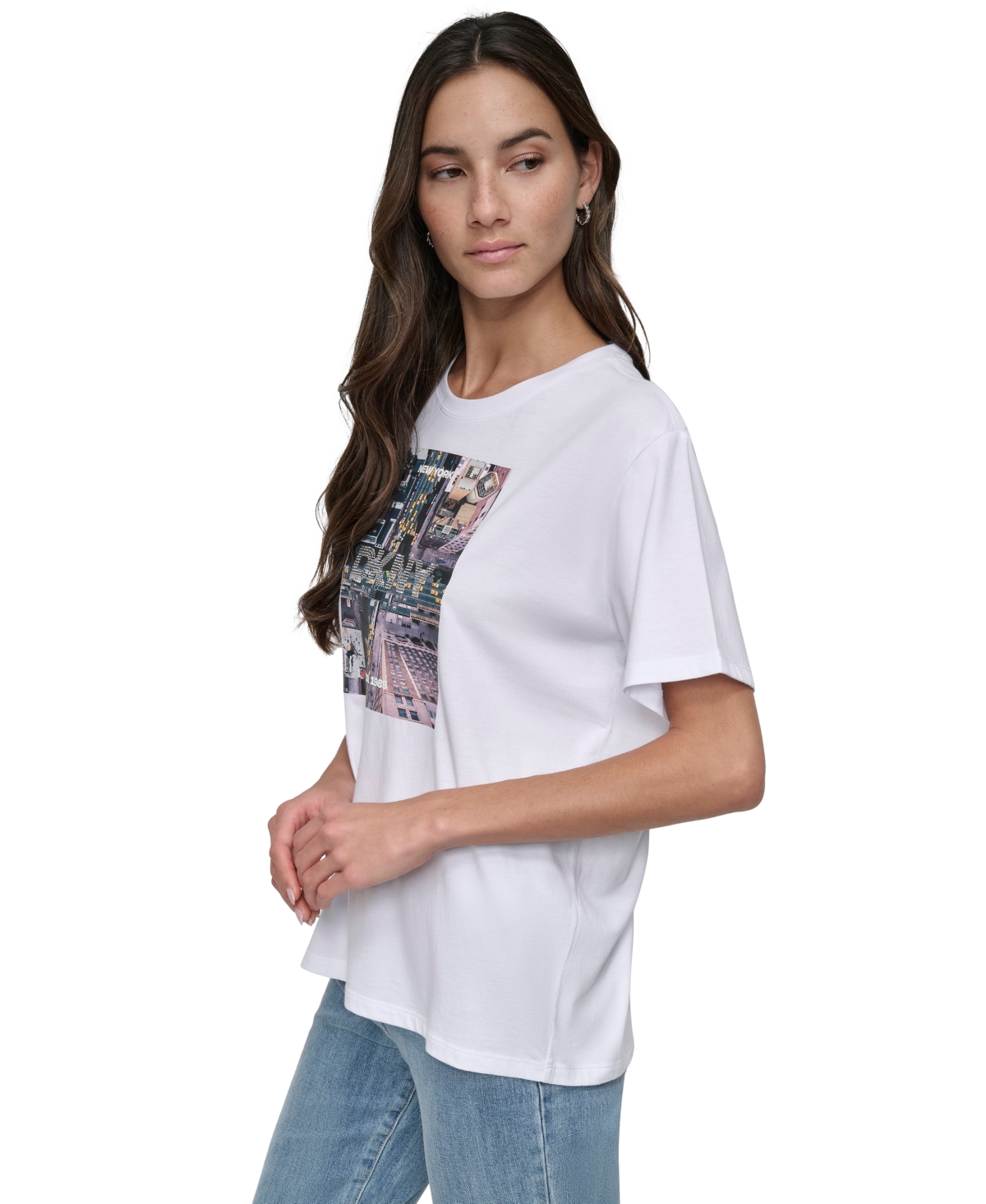 Dkny Jeans Women's Aerial Photo Print Rhinestone Logo T-Shirt - WHT - WHITE