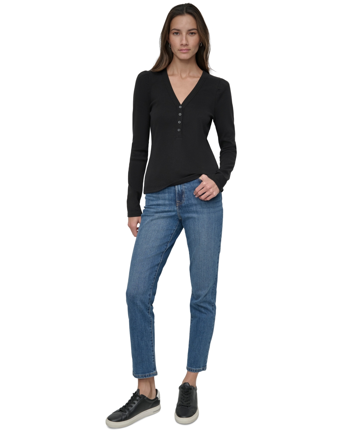 DKNY JEANS WOMEN'S GATHERED-SHOULDER V-NECK TOP 