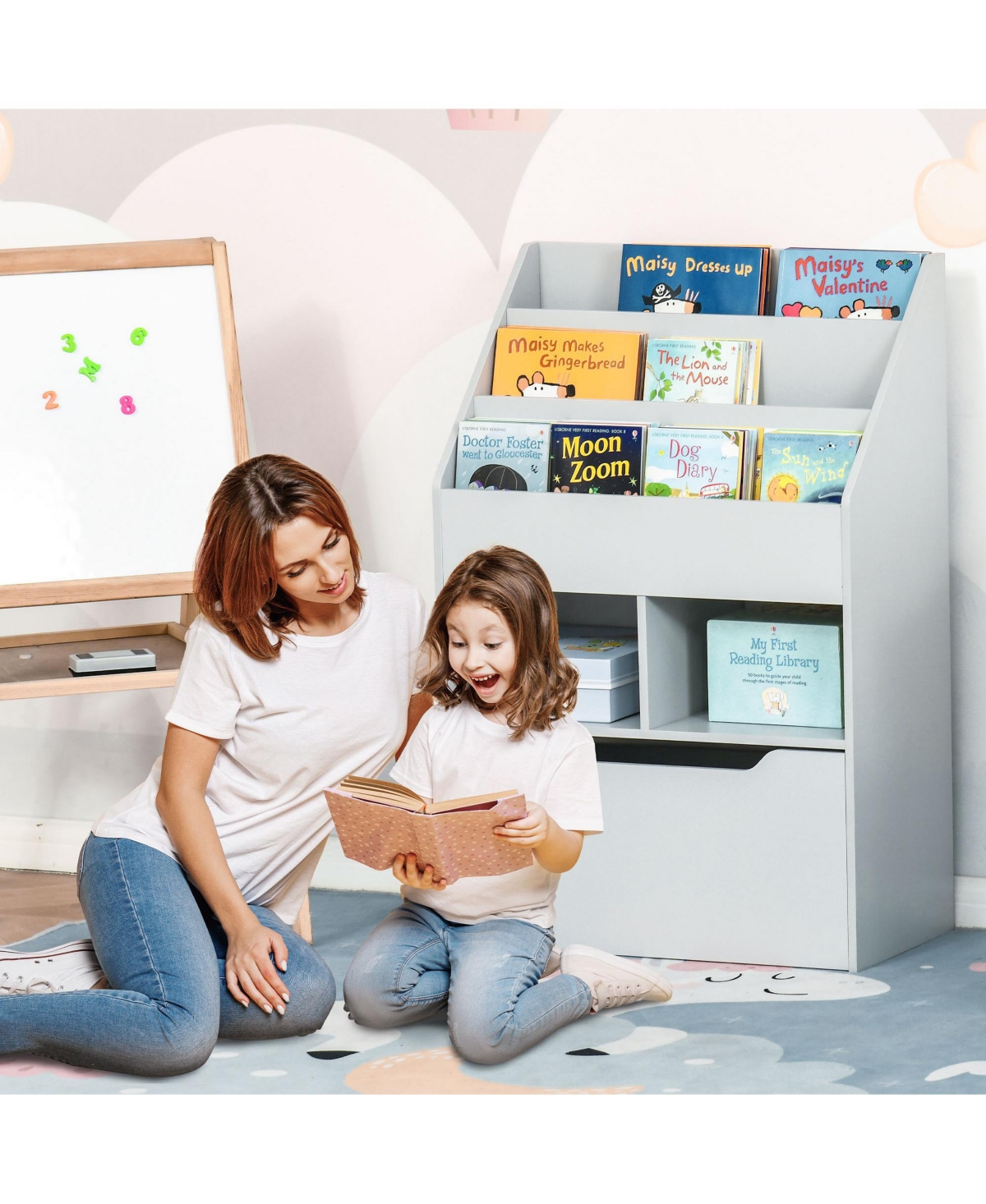 Streamdale Furniture Kids Bookcase Multi-Shelf Rack Organizer with Storage Drawer for Books for Bedroom or Playroom, Grey