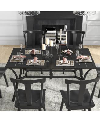 Rectangle Outdoor Dining Table for 6 People, Steel Rectangular Patio Table with Umbrella Hole, Steel Frame for Garden, Balcony, Black