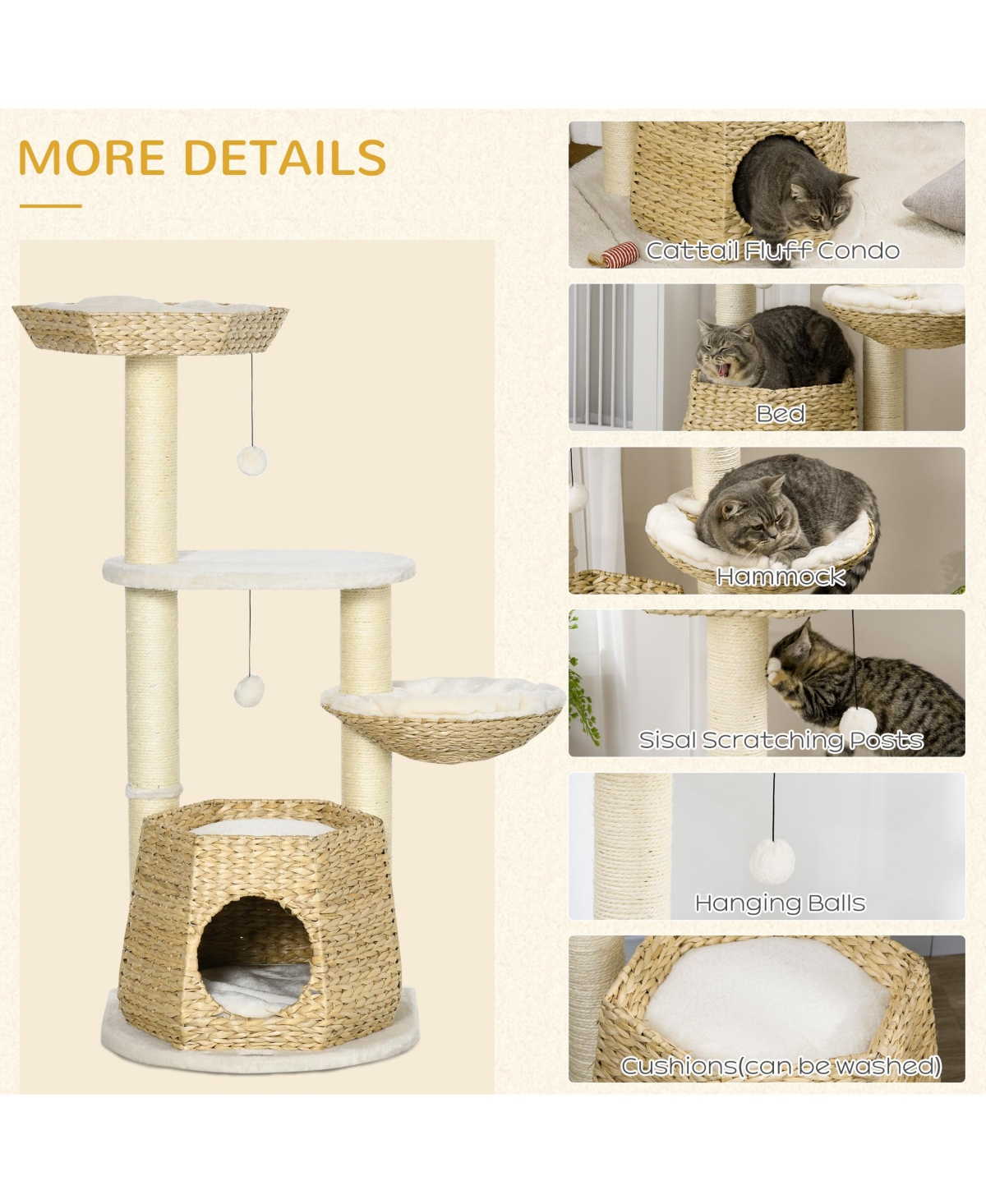 Streamdale Furniture 47" Cat Tree Kitty Activity Center, Cat Climbing Toy with Cattail Fluff, Bed, Condo, Sisal Scratching Post, and Hanging Ball, Nat