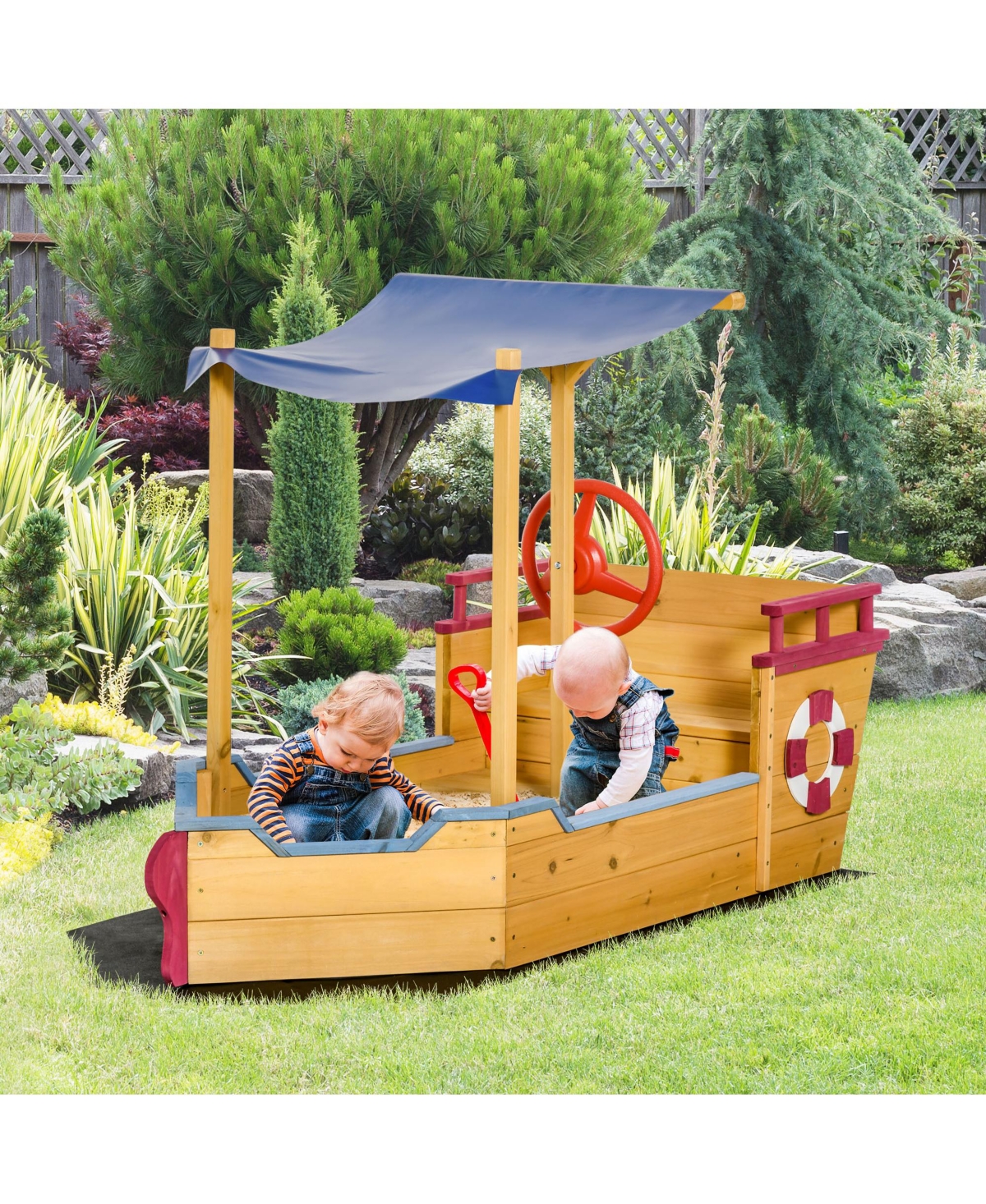 Streamdale Furniture Pirate Ship Sandbox with Cover and Rudder, Wooden Sandbox with Storage Bench and Seat, Outdoor Toy for Kids Ages 3-8 Years Old
