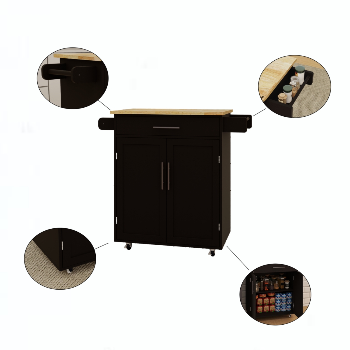 Streamdale Furniture Kitchen island rolling trolley cart with drawer & 2 doors with Adjustable Shelves & towel rack & seasoning rack rubber wood tab