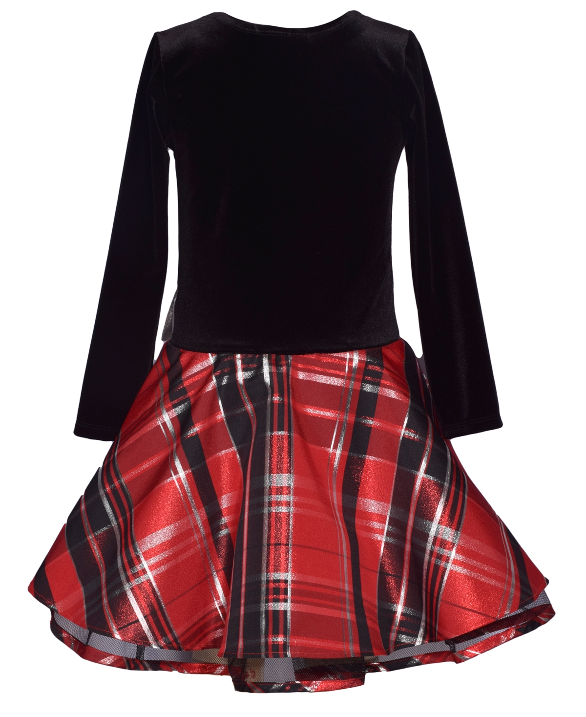 Bonnie Jean Little Girls Long Sleeved Stretch Velvet Top to Plaid Hipster with Exposed Crinoline and Side bow