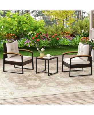 3 PCS Patio Conversation Set with Coffee Table Solid Acacia Wood Armrests Tabletop