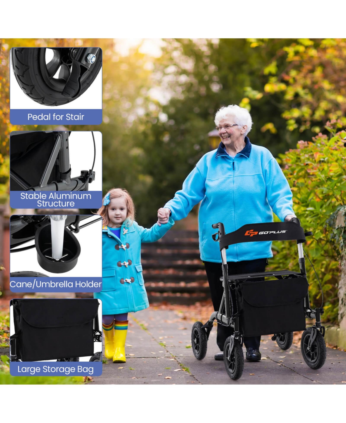Costway Foldable Height Adjustable Rollator Walker with Seat, Storage Bag for Seniors