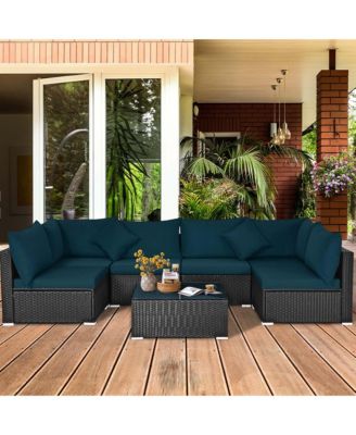 7PCS Patio Rattan Sofa Set Sectional Conversation Furniture Set Garden Outdoor Peacock
