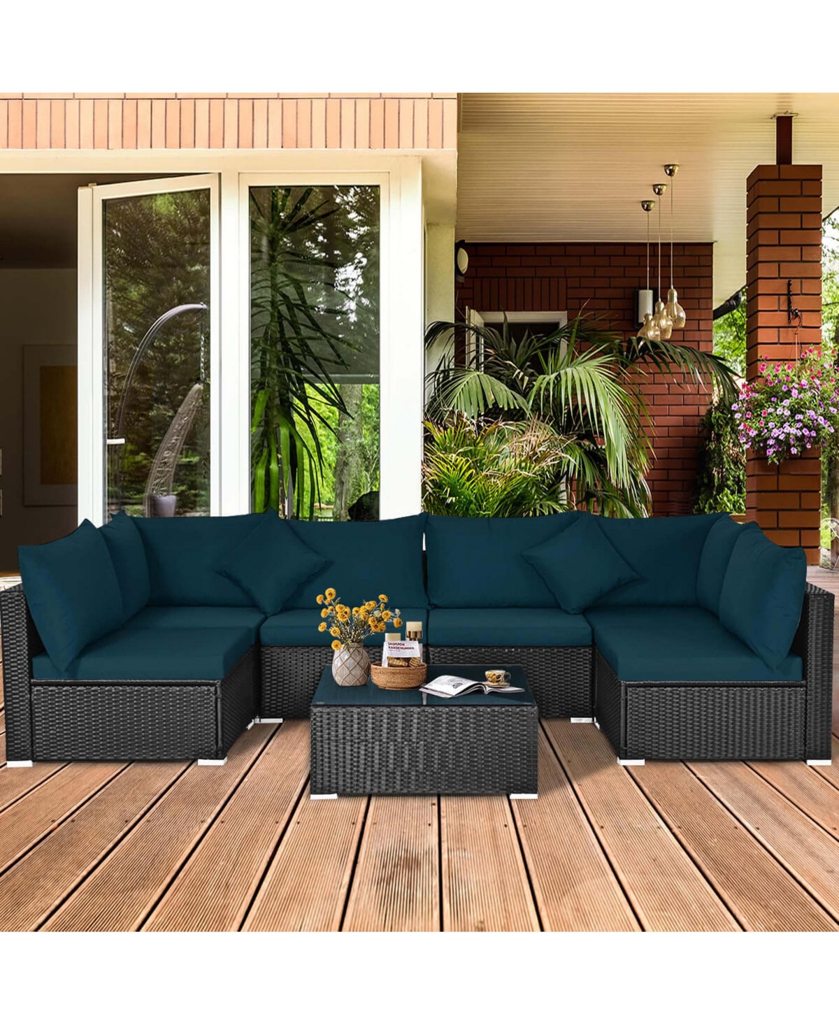 Costway 7PCS Patio Rattan Sofa Set Sectional Conversation Furniture Set Garden Outdoor Peacock