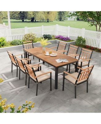 9 PCS Outdoor Dining Table & Chairs Set Table with Acacia Wood Top Umbrella Hole