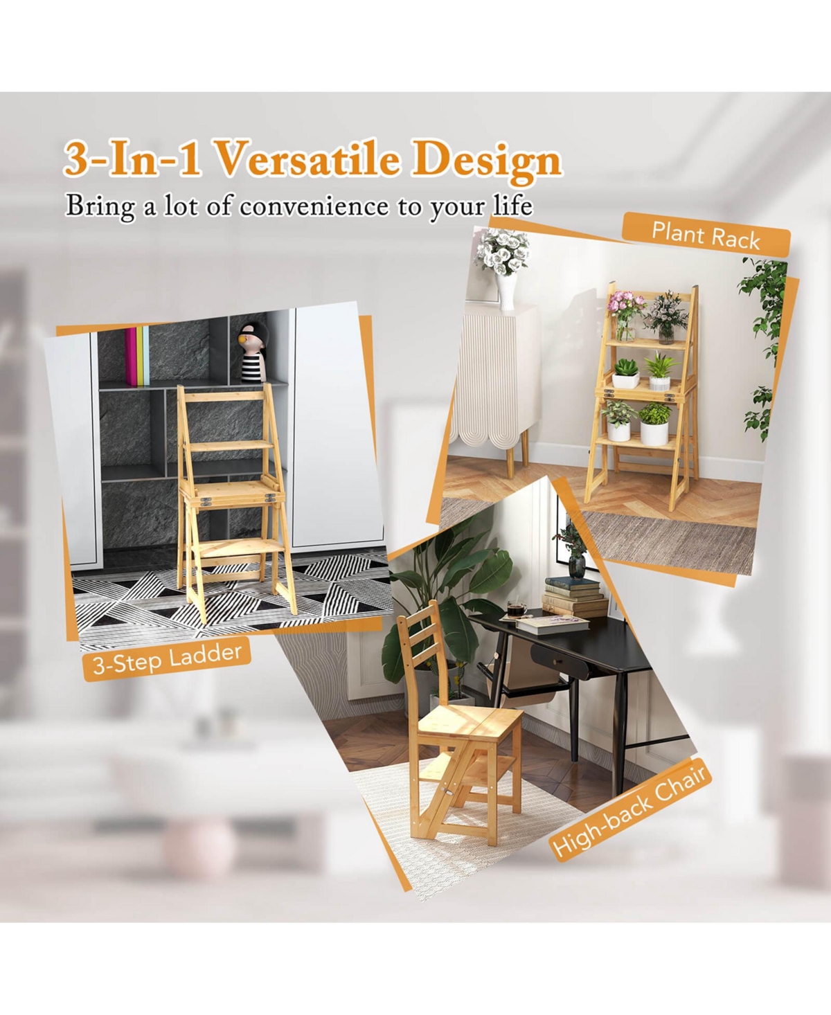 Costway Toddler 3-Step Folding Step Ladder Chair with Bamboo Frame Convertible Ladder Stool Reddish