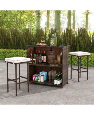 3 PCS Patio Bar Set with Tempered Glass Tabletop 2-Tier Storage Removable Cushions