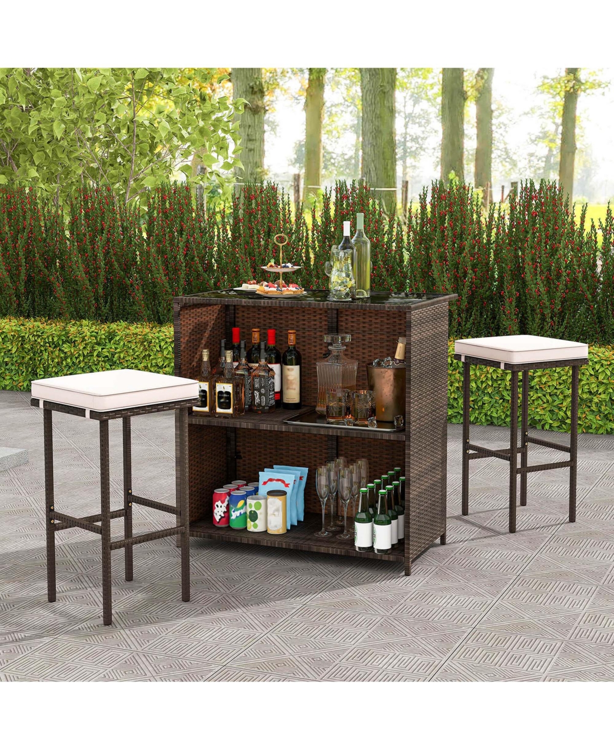 Costway 3 Pcs Patio Bar Set with Tempered Glass Tabletop 2-Tier Storage Removable Cushions -khaki
