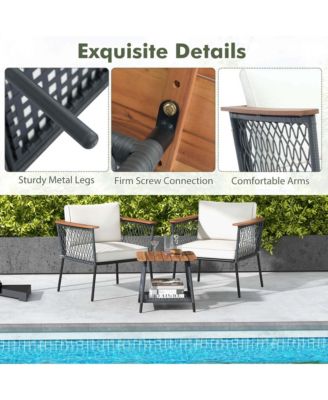 3 PCS Patio Furniture Set with 2-Tier Coffee Table Acacia Wood Armrests Tabletop