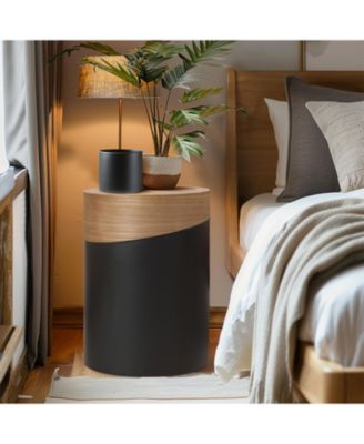 Natural Wood and Metal Round Drum Modern Accent End Side Table