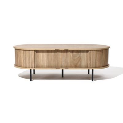 Standard Wood Slatted Sliding Doors Storage Mid-Century Modern Oval Coffee Table