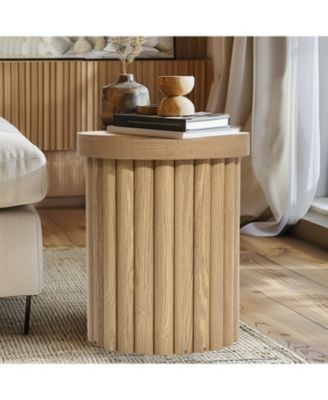 Wood Fluted Round Side Table Mid Century Modern Small End Table for Small Spaces