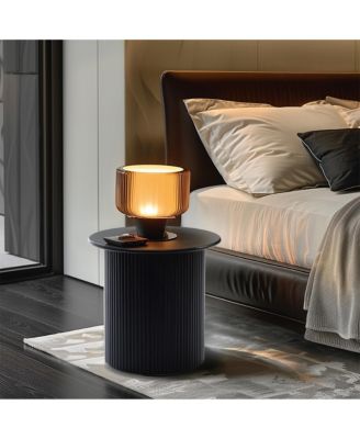 15'' Small Accent Table Compact Size Black Fluted Fir & MDF Wood Round Side Tables