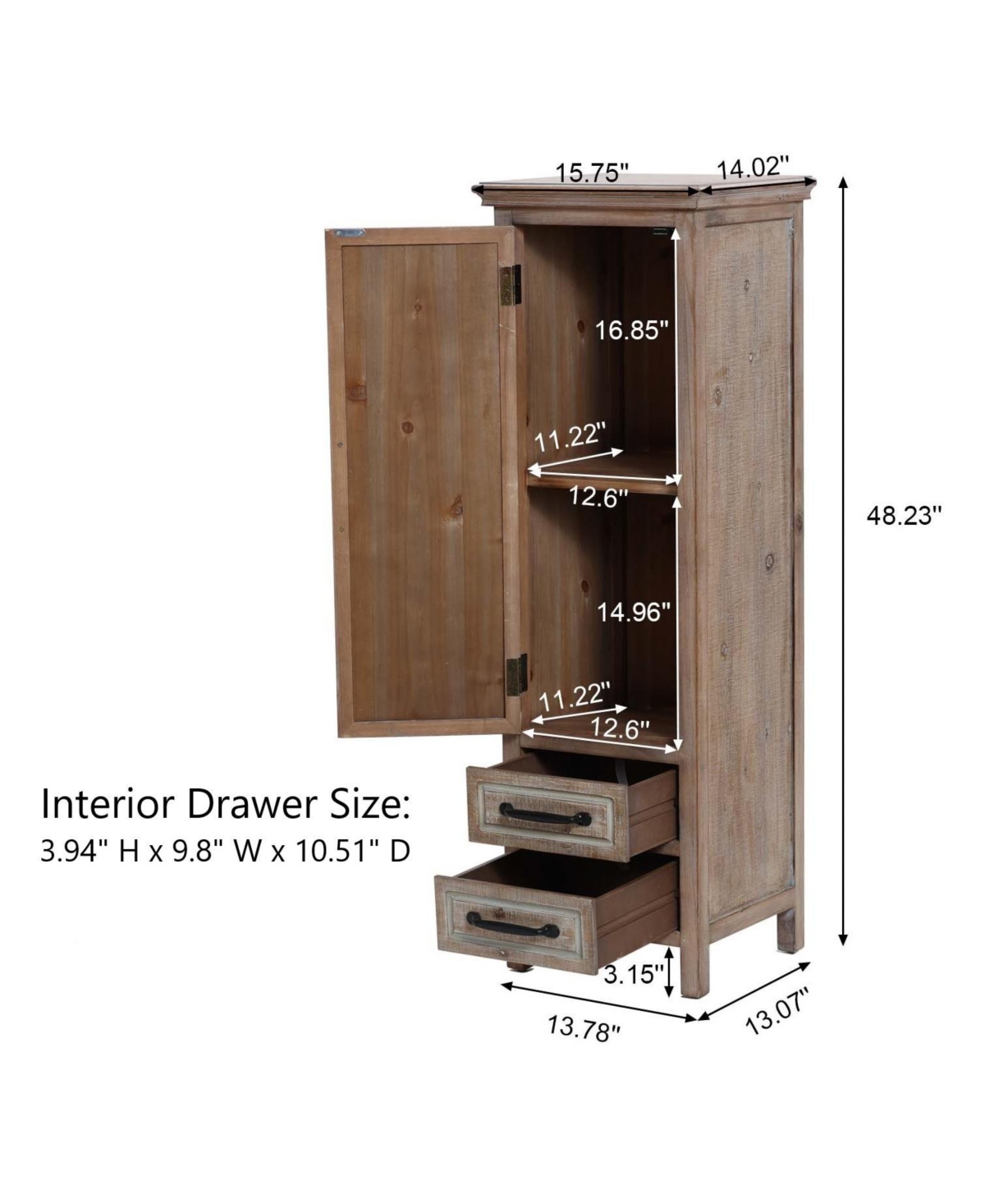 LUXENHOME FARMHOUSE 48" TOWER WOOD 2-DRAWER 1-DOOR STORAGE CABINET 
