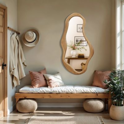 Natural Pine Wood Frame Irregular Oval Wall Mirror Decor Wall Mounted Accent Hanging Mirror