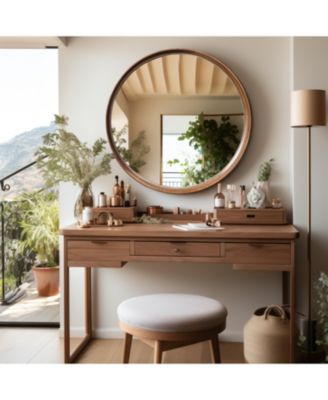Natural Rubberwood Frame Round Wall Mirror