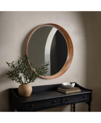 Natural Rubberwood Frame Round Wall Mirror