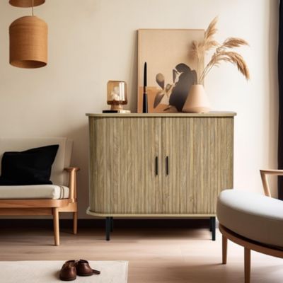 Mid-Century Modern 2-Door Accent Cabinet with Slatted Sliding Doors