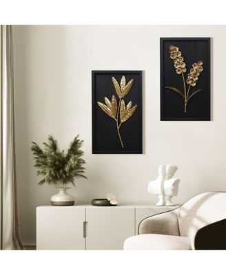 2-Piece Flower Bouquet Modern Wall Decor Set Black and Gold Abstract Wall Art Hanging Decoration