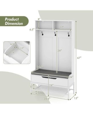 69" Tall Hall Tree with Seat Cushion Open Compartments Hooks Lift-top Storage