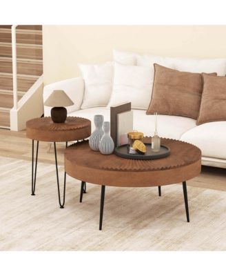 Farmhouse Round CoffeeTable Set of 2 End Table Natural Finish for Living Room Coffee