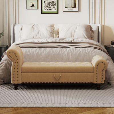 Khaki Velvet Bed Bench with Storage