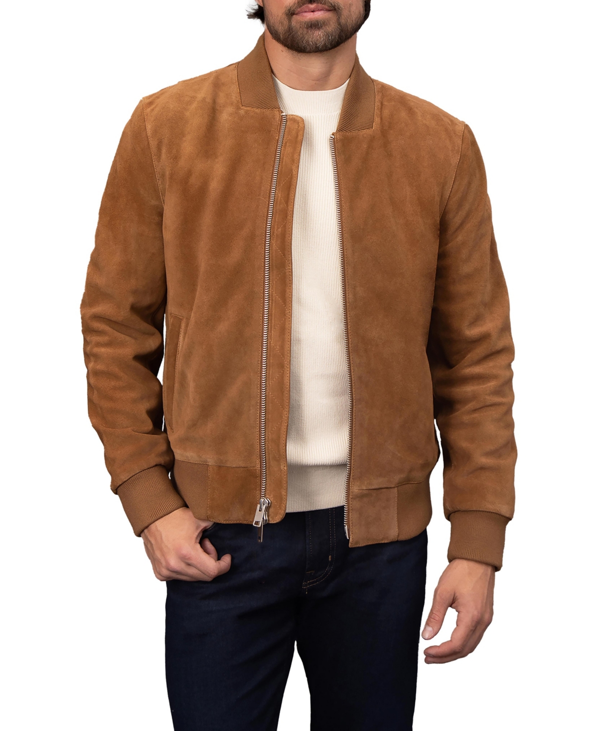 Men's Genuine Suede Bomber Jacket - Cognac
