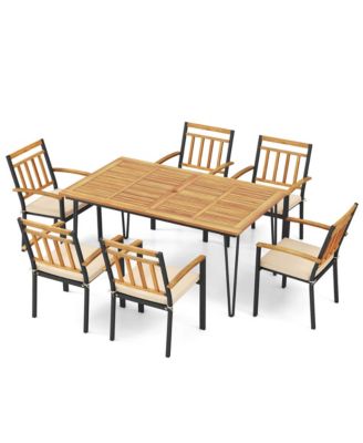 7 PCS Patio Dining Set with Acacia Wood Dining Table Rattan Armchairs Soft Cushions