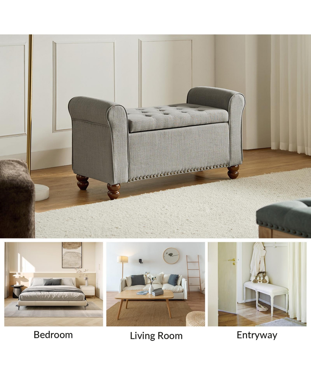 Hulala Home Transitional Carmen 43.7" Wide Storage Bench with Sturdy Wood Legs