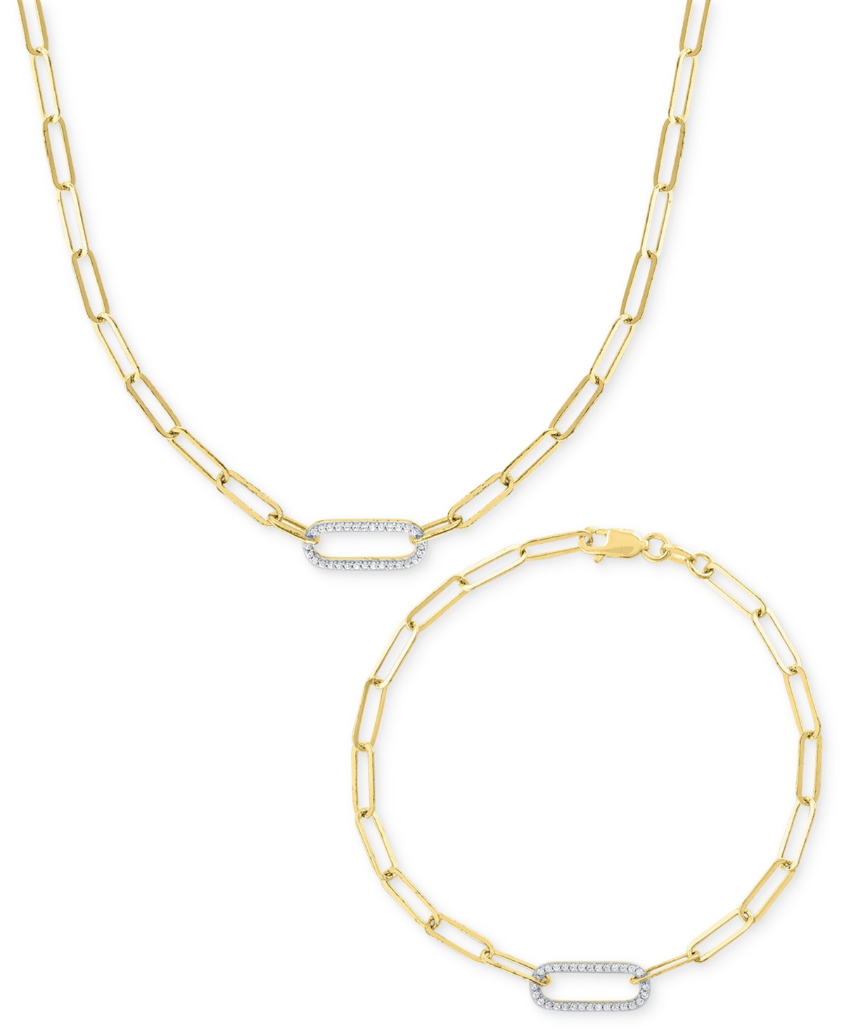 MACY'S 2-PC. SET DIAMOND PAPERCLIP LINK COLLAR NECKLACE & BRACELET (1/4 CT. T.W.) IN 14K GOLD-PLATED STERLI 