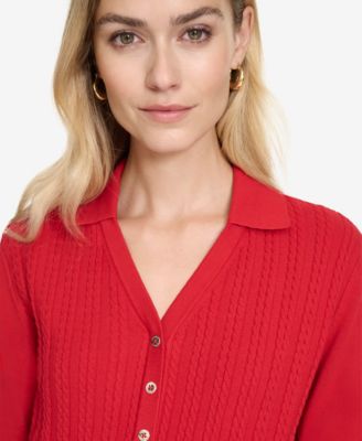 Women's Solid Button V Neck Polo Sweater