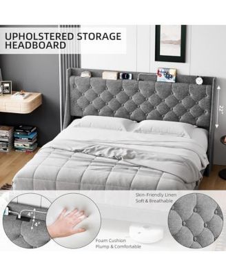King Size Bed Frame with Upholstered Wingback Headboard, Luxurious Linen Upholstery Platform Bed with Charging Station, Button Tufted Design, No Box Spring Needed, Light Grey