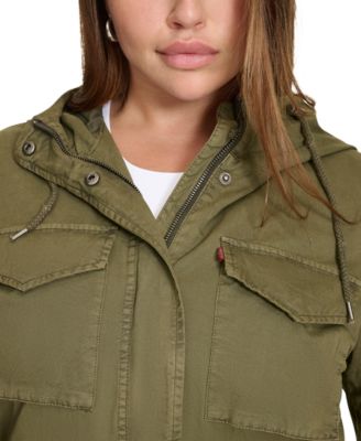Plus Size Cotton Hooded Military Zip-Front Jacket 
