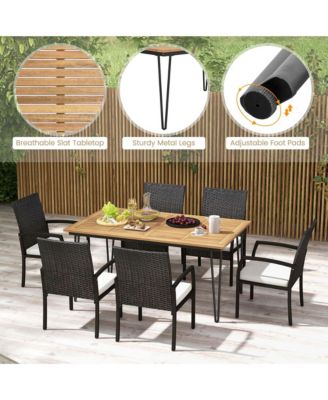 7 PCS Patio Dining Set with Acacia Wood Dining Table Rattan Armchairs Soft Cushions