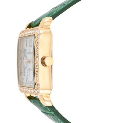 Women's 14K Gold Plated Square Dress Watch with European Crystals and Green Leather Band