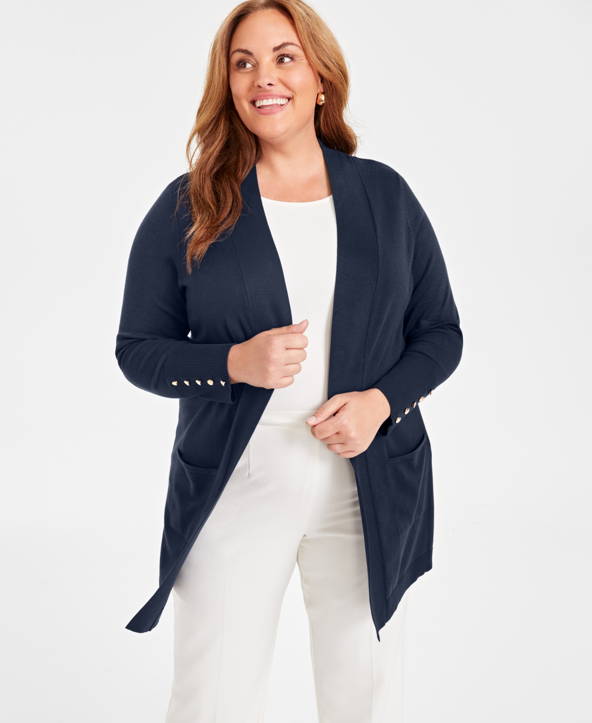 Jm Collection Plus Open-Front Long-Sleeve Cardigan, Exclusively at Macy's